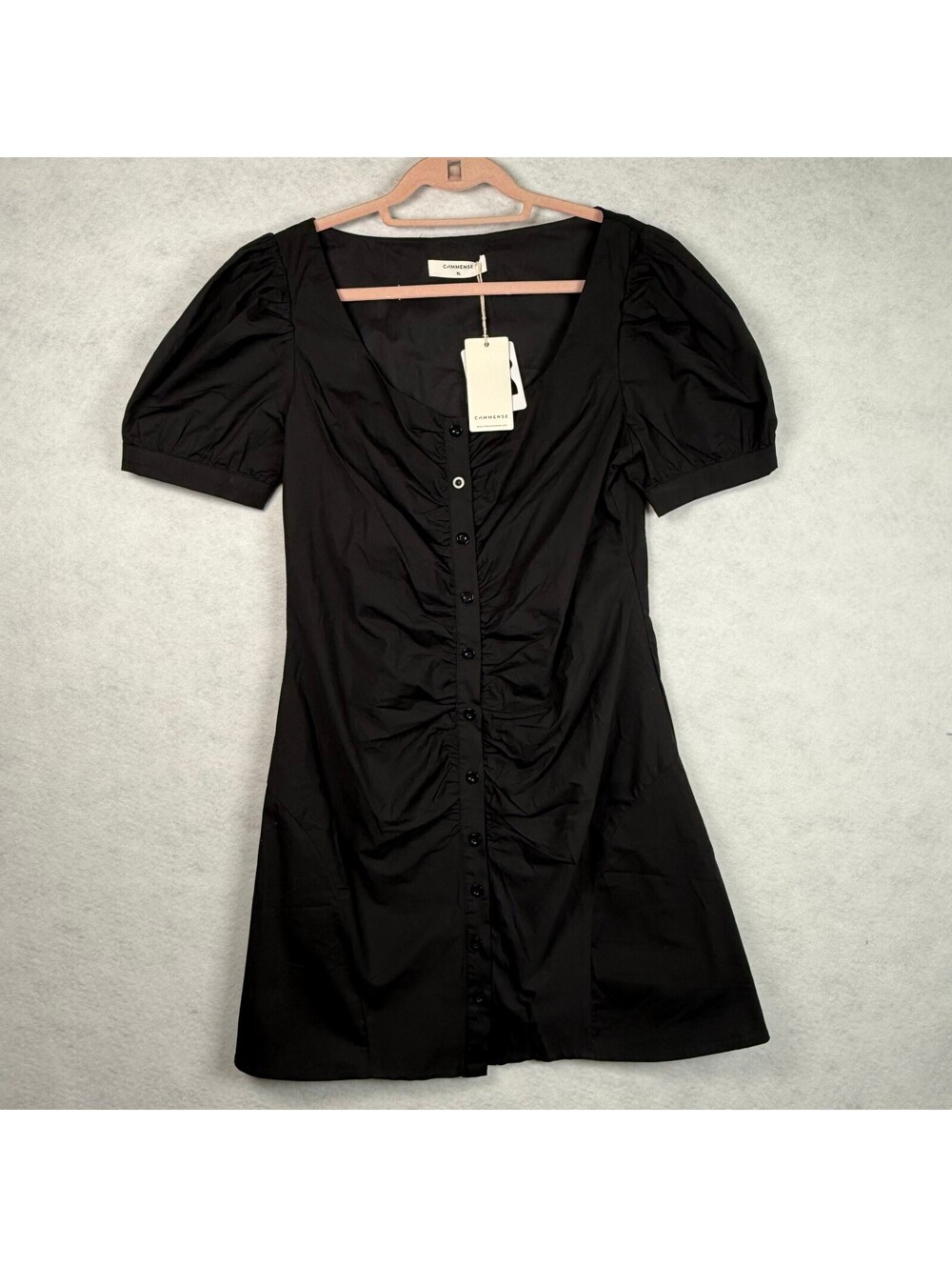 COMMENSE Black Button Front Puff Sleeve Dress XL